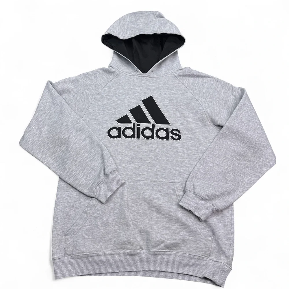 Adidas Fleece Hoodie‎ Adult Size Large Gray Pullover Sweatshirt Big Logo Active